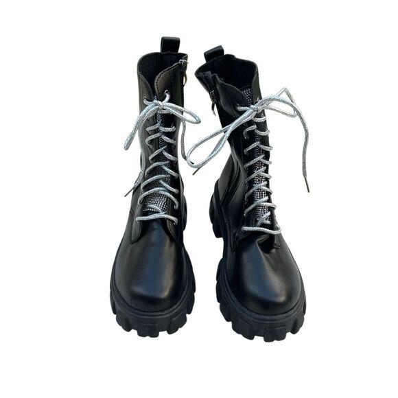 Diamond Black Chunky Lace-Up Side Zipper Calf Boot - Black Size 9.5 - Picture 1 of 10